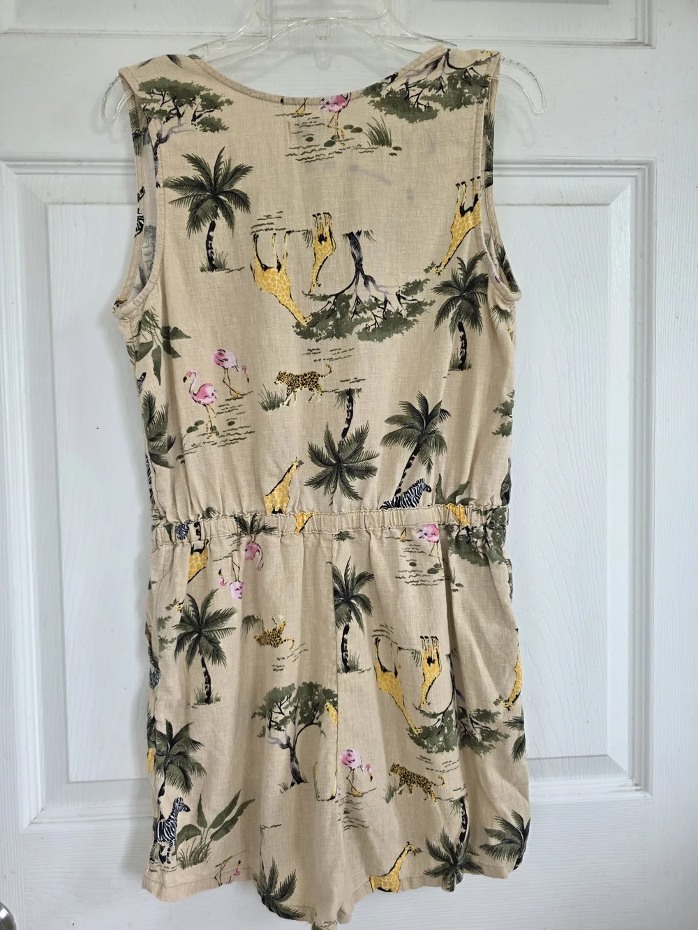 Old Navy Beige Jungle Print Sleeveless Romper with Yellow Accents.
